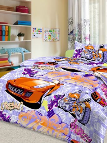 Letto Детский комплект постельного Граффити, фиолетовый, 1,5-спальный, наволочка 50*70, хлопок