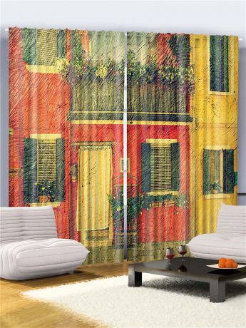 Magic Lady Комплект фотоштор "Дом с красно-жёлтыми стенами, серые ставни, зелёные цветы на окнах", 290*265 см