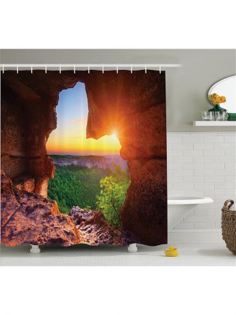 Magic Lady Фотоштора для ванной "Пальмы на пляже, водопад в лесу, утро в пещере, ночной мегаполис", 180x200 см