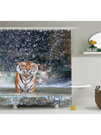 Magic Lady Фотоштора для ванной "Волшебная птица, индеец с волками, тигр в воде, слон и бегемот", 180x200 см