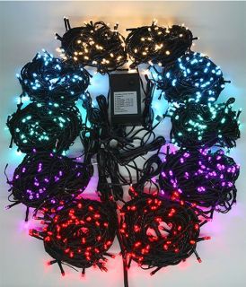 Beauty Led Фейерверк для освещения высокой  ели 10 м, 100х10 разноцветных-красных, фиолетовых, теплых белых, аквамариновых, голубых  LED-ламп, контроллер, 24V, черный провод, KFCT1000-10F11-1M2