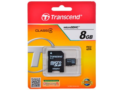 MicroSDHC Transcend  8GB Class 4 + Адаптер (TS8GUSDHC4)