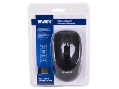 Беспроводная мышь SVEN RX-305 Wireless черная, BlueLED, 3+1(колесо прокрутки), 800/1200/1600 dpi, симметричная