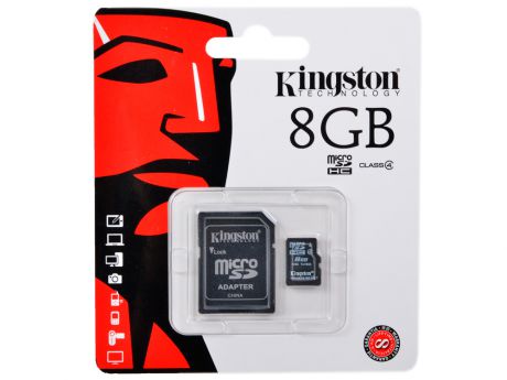 MicroSDHC Kingston  8GB Class 4 + Адаптер (SDC4/8GB)