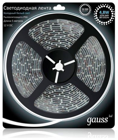 Gauss Светодиодная лента gauss 5m холодный белый 4,8w ip66 eb311000305