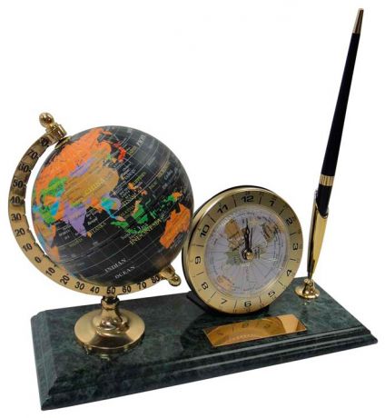 Европа Настольный набор: глобус, ручка, часы, 23 х 9 х 1,8 см, мрамор, 2117