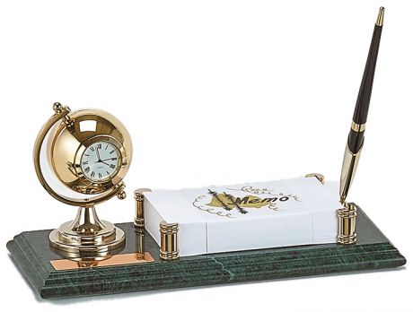 Европа Настольный набор:ручка, часы, держатель для блок-листов, 11х26х1,8 см, мрамор, 9127