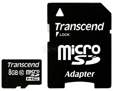 Карта памяти Transcend micro SDHC 8Gb class10 + adapter (TS8GUSDHC10)