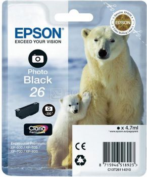 Картридж Epson 26 Photo для XP-600/700/800 200стр, Черный C13T26114010