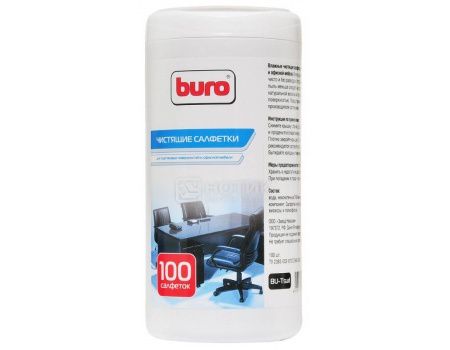 Влажные салфетки Buro для пластиковых поверхностей и офисной мебели, Туба 100шт, Buro BU-Tsurl