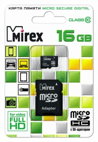 Флеш карта MicroSDHC 16Gb MIREX Class10 + Адаптер RTL
