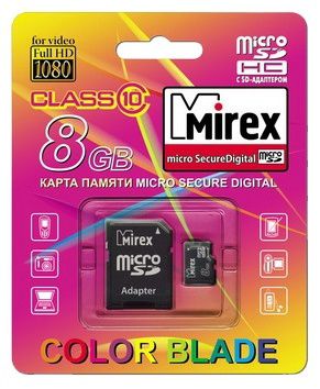 Флеш карта MicroSDHC 8Gb MIREX Class10 + Адаптер RTL