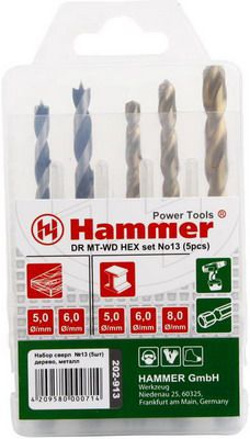 Сверло Hammer 202-913 DR set No 13 HEX 5-8mm металл дерево  5шт