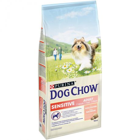 Сухой корм Dog Chow sensitive для собак с чувствительной кожей и пищеварением, лосось+рис (14 кг)