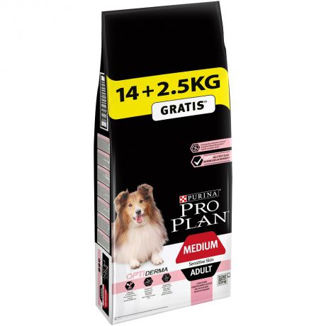 Сухой корм Pro Plan для взрослых собак с чувствительной кожей, лосось+рис, 14 кг+2.5кг