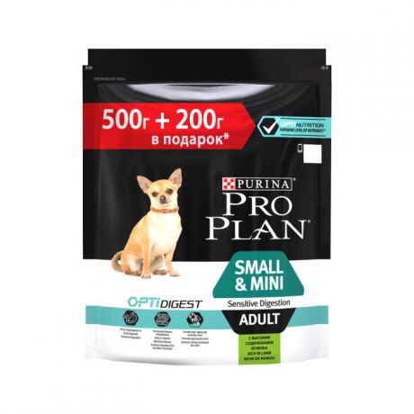 Сухой корм Pro Plan для собак мелких пород с чувствительным пищеварением, ягненок+рис, 500г.+200г