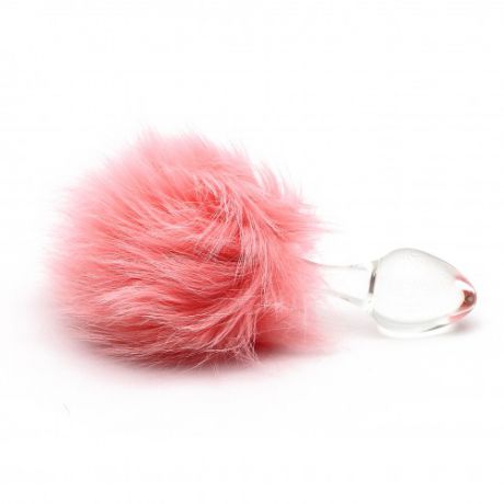 Анальная Пробка Стеклянная Crystal Delight Short Stem - с Хвостом из Меха Кролика на магните, Pink