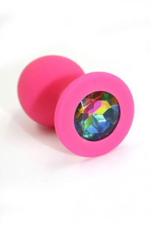 Анальная пробка из силикона розовая с разноцветным кристаллом