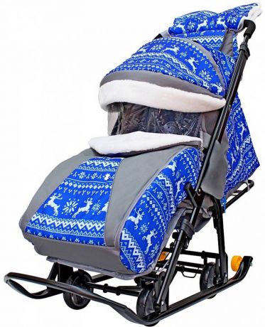 Санки-коляска Snow Galaxy Luxe Зимняя ночь Олени 6080 синий серый рисунок черный до 25 кг ткань металл