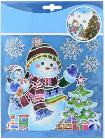 Наклейка панно декоративная Снеговик С елкой, с тиснением, 24*18 см, Пвх