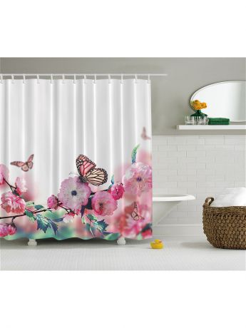 Шторы для ванной Magic Lady Фотоштора для ванной "Японский цветок, птицы на венке, розовый букет, бабочки на цветущей ветке", 18