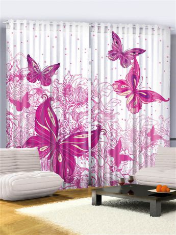 Фотошторы Magic Lady Комплект фотоштор для гостиной "Розовые бабочки", плотность ткани 175 г/кв.м, 290*265 см