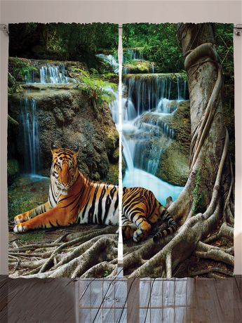 Фотошторы Magic Lady Комплект фотоштор для гостиной "Тигр у водопада", плотность ткани 175 г/кв.м, 290*265 см