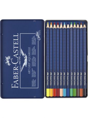 Карандаши Faber-Castell Акварельные карандаши ART GRIP AQUARELLE, набор цветов, в металлической коробке, 12 шт.