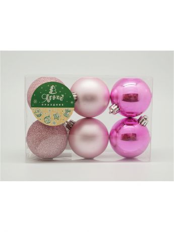 Елочные украшения Яркий Праздник Набор однотонных пластиковых шаров 6 см (2глянцевых + 2 матовых +2 в глиттере), розовый