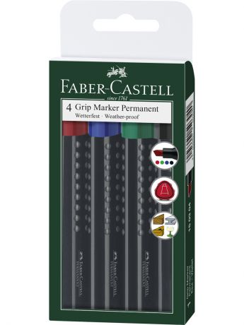 Маркеры Faber-Castell Перманентный маркер GRIP 1503, клиновидный наконечник, набор цветов, в футляре, 4 шт.