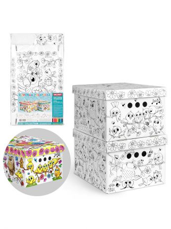Корзины для игрушек VALIANT Короб-раскраска картонный, складной, малый, 25x33x18.5 см, набор 2 шт., ПТИЧКИ