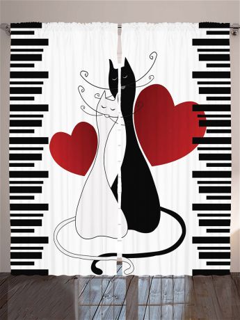 Фотошторы Magic Lady Плотные фотошторы "Влюблённые белая кошка и чёрный кот с алыми сердцами и полосками", 290*265 см