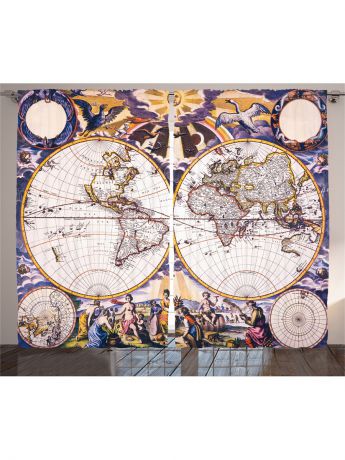 Фотошторы Magic Lady Комплект фотоштор из полиэстера высокой плотности "Карта мира. Старая гравюра", 290*265 см