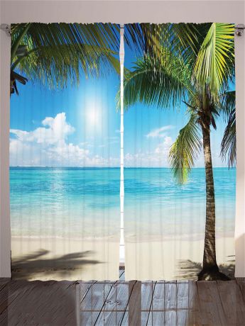 Фотошторы Magic Lady Комплект фотоштор голубой "Молодые зелёные пальмы на тёплом песке у бирюзового моря", 290*265 см