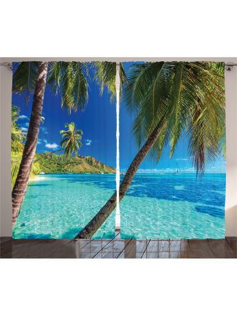 Фотошторы Magic Lady Комплект фотоштор для гостиной "Тропический пляж", плотность ткани 175 г/кв.м, 290*265 см