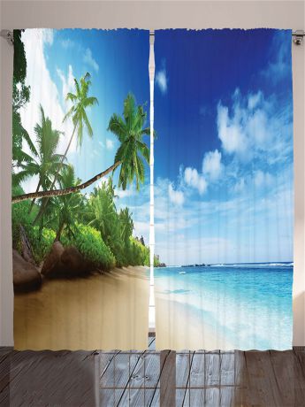 Фотошторы Magic Lady Комплект фотоштор голубой "Пальма, наклонившаяся к морю над бежевым песчаным пляжем", 290*265 см