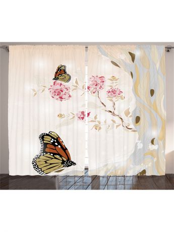 Фотошторы Magic Lady Плотные фотошторы "Бежевые бабочки, пионовое дерево с розово-бордовыми цветами", 290*265 см