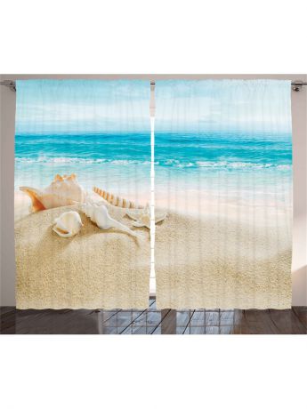 Фотошторы Magic Lady Комплект фотоштор для гостиной "Ракушки на песке", плотность ткани 175 г/кв.м, 290*265 см