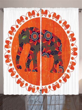 Фотошторы Magic Lady Комплект фотоштор оранжево-белый "Коричневый слон с листьями и цветами на рыжем фоне", 290*265 см