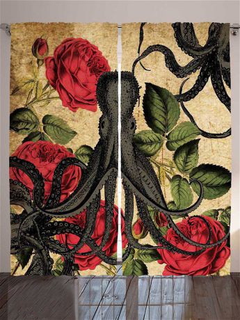 Фотошторы Magic Lady Комплект фотоштор бежевый "Огромный серый осьминог среди пышных алых роз", 290*265 см