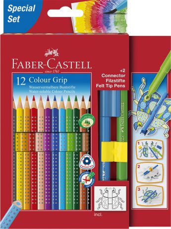 Карандаши Faber-Castell Набор цветных карандашей Grip 2001: 12 цветных карандашей Grip 2001, 2 фломастера , 1 карточка"Жук"
