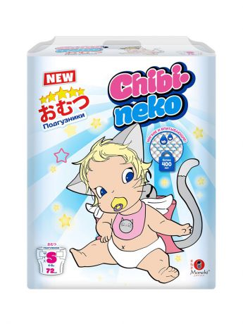 Подгузники детские Maneki Подгузники детские одноразовые Chibi-neko, размер S, 4-8 кг, 72 шт