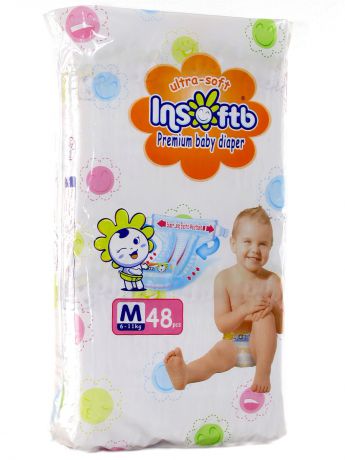 Подгузники детские Insoftb Подгузники Insoftb (ИнсофтБи), Premium, Ultra-soft, размер M, от 6 до 11 кг., 48 шт.
