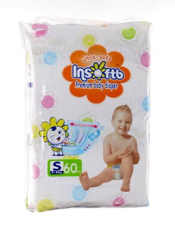 Подгузники детские Insoftb Подгузники Insoftb (ИнсофтБи), Premium, Ultra-soft, размер S, от 4 до 8 кг., 60 шт.