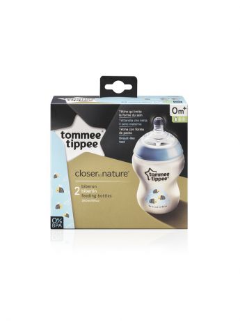 Бутылочки для кормления TOMMEE TIPPEE. Бутылочки для кормления с рисунком, 260 мл, 2 шт. с антиколиковым клапаном (голубой)