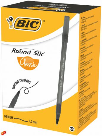 Ручки BIC Ручка шариковая BIC Round Stic черная, 60 штук