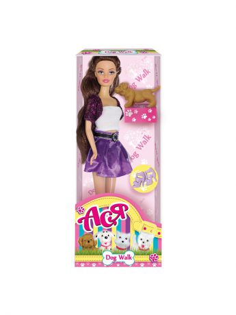 Куклы Toys Lab Кукла Ася  Шатенка в фиолетовом  Прогулка с щенком