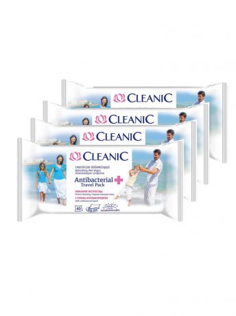 Влажные салфетки CLEANIC Салфетки освежающие увлажняющие Cleanic ANTIBACTERIAL TRAVEL PACK, 4 по 40 шт. комплект