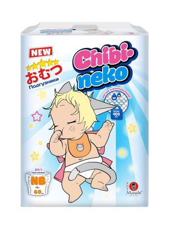 Подгузники детские Maneki Подгузники детские одноразовые Chibi-neko, размер NB, до 5 кг, 60 шт