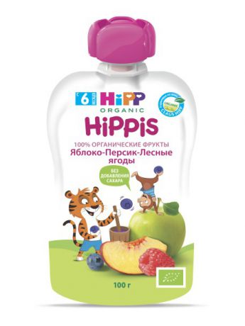 Пюре детские Hipp Пюре Hippis яблоко-персик-лесные ягоды 100г с 6 месяцев (6 штук)